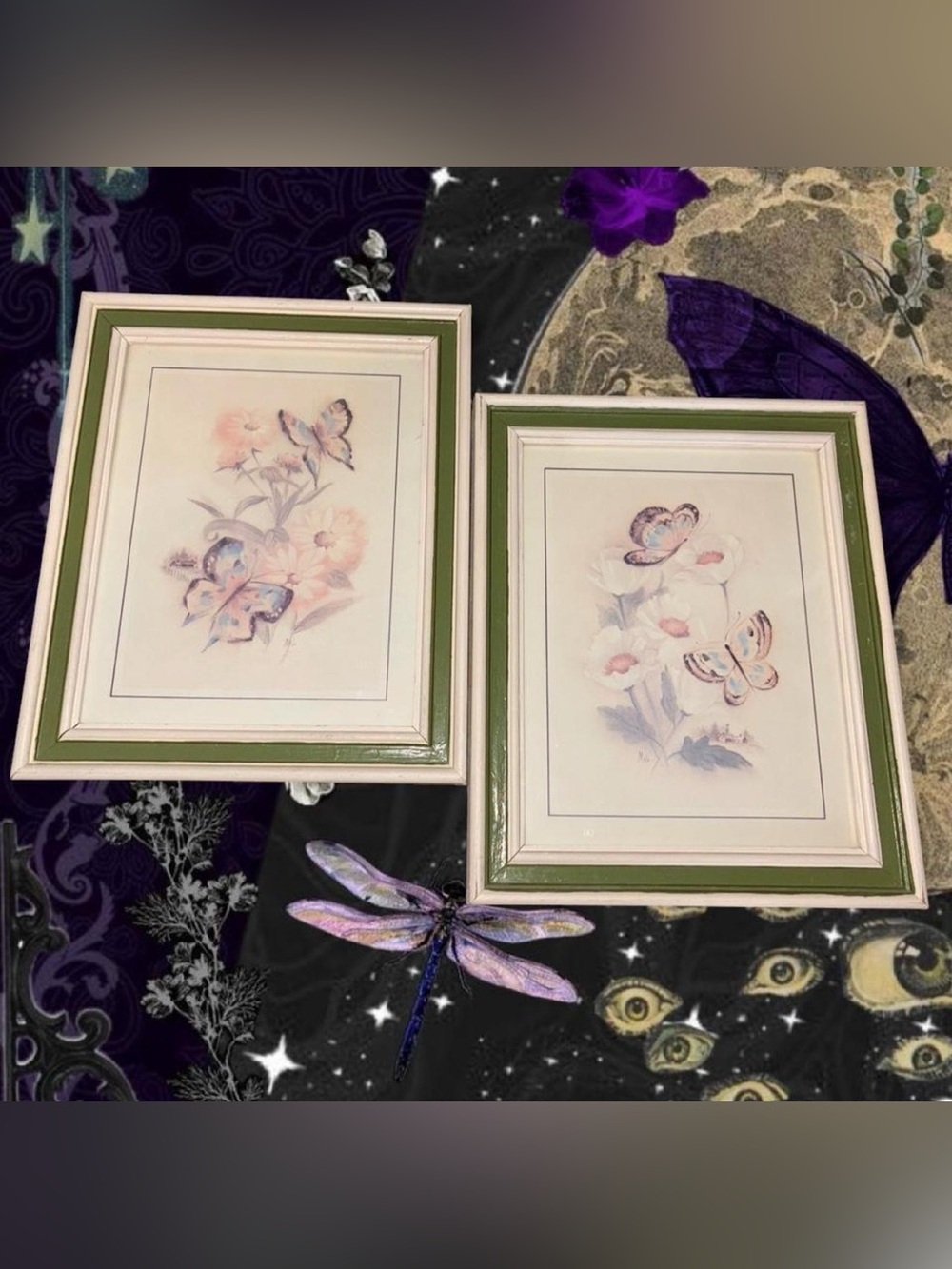 Vintage Malo Coquette Butterfly Framed Watercolor Art Prints - Set of 2